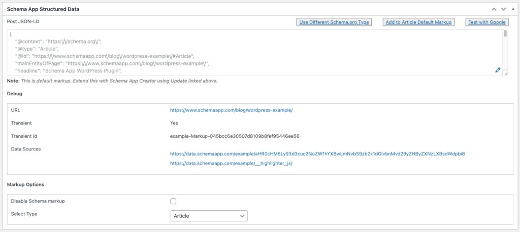 Screenshot of Schema App Structured Data Plugin on a WordPress page